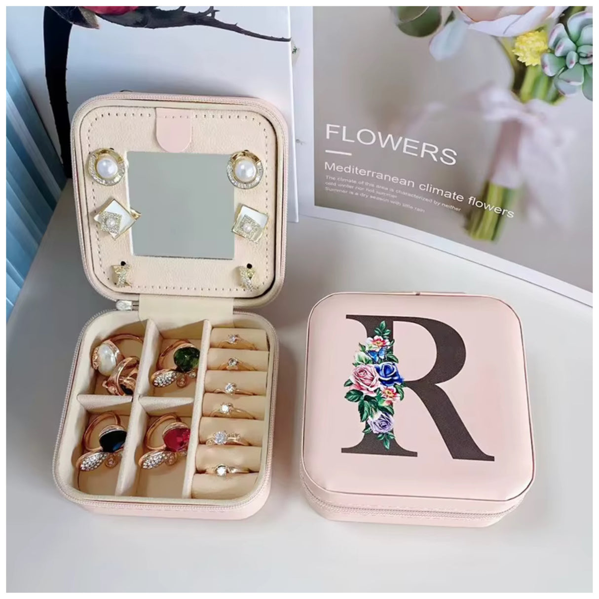Krystina's Collection Pink Travel Jewellery Box with Floral Initial - Various Letters
