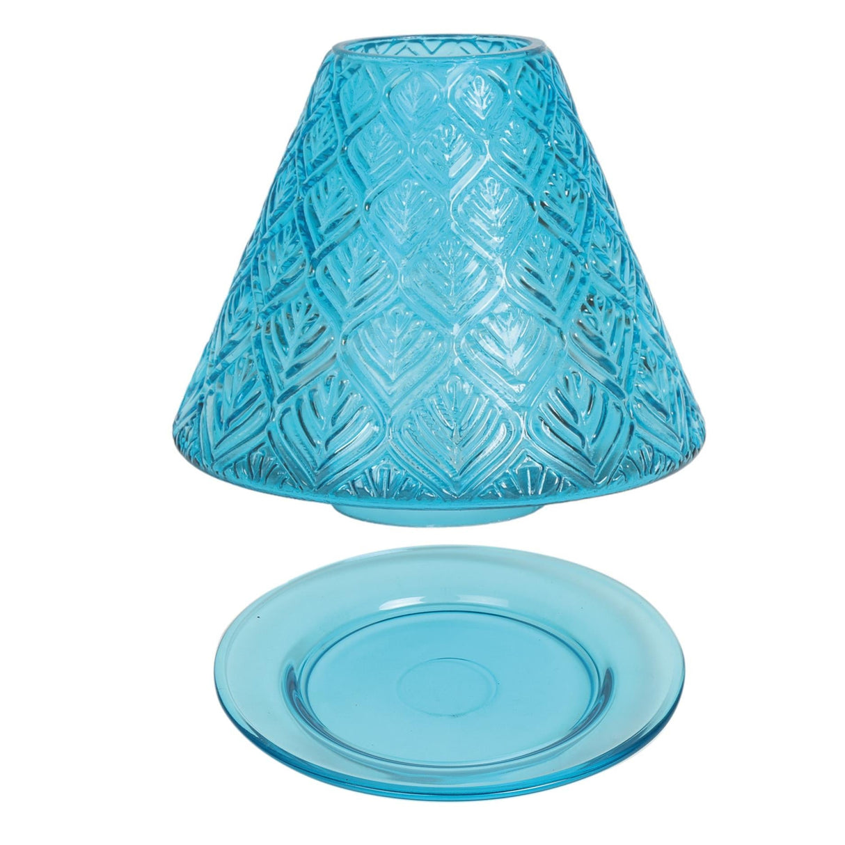 Aroma Jar Candle Leaf Patterned Glass Shade & Tray Set teal