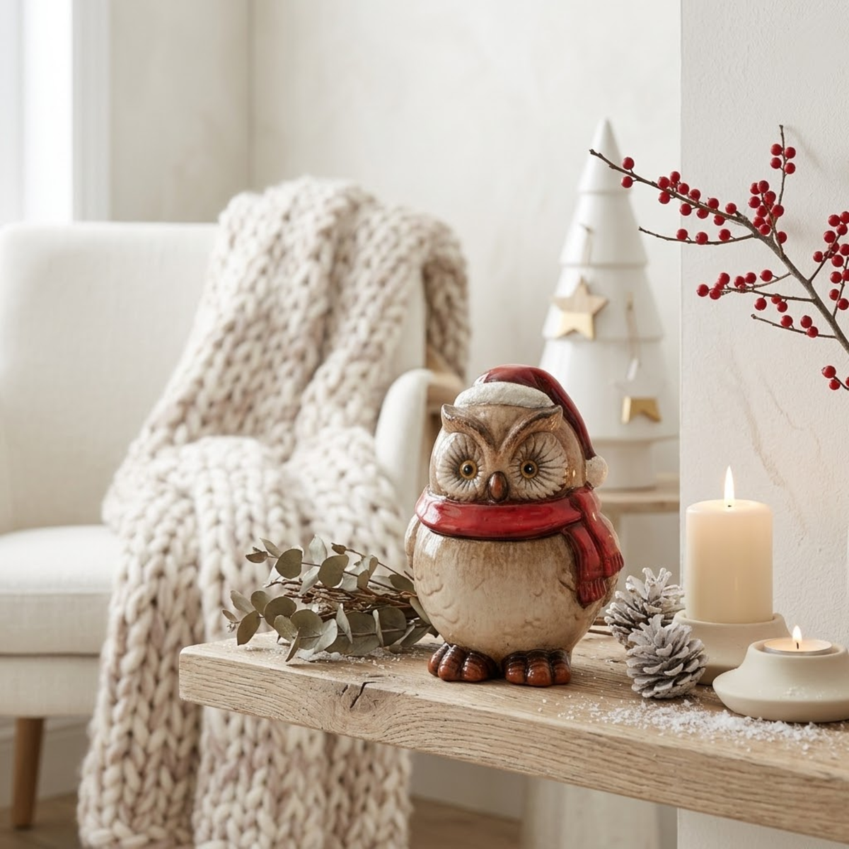 Christmas Decoration - Festive Owl Ceramic Figurine