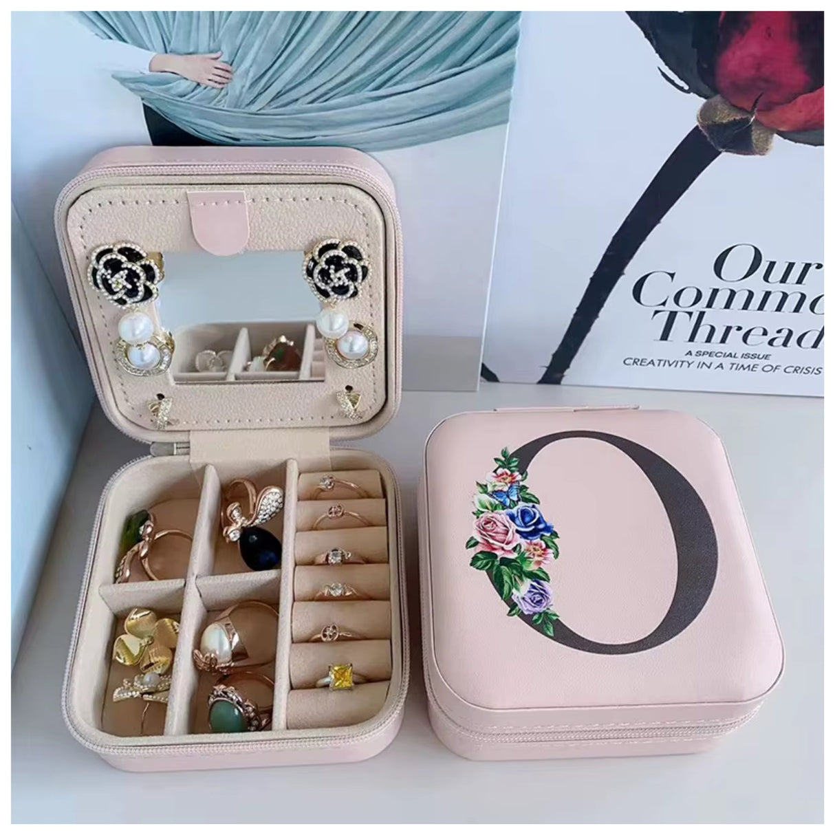 Krystina's Collection Pink Travel Jewellery Box with Floral Initial - Various Letters