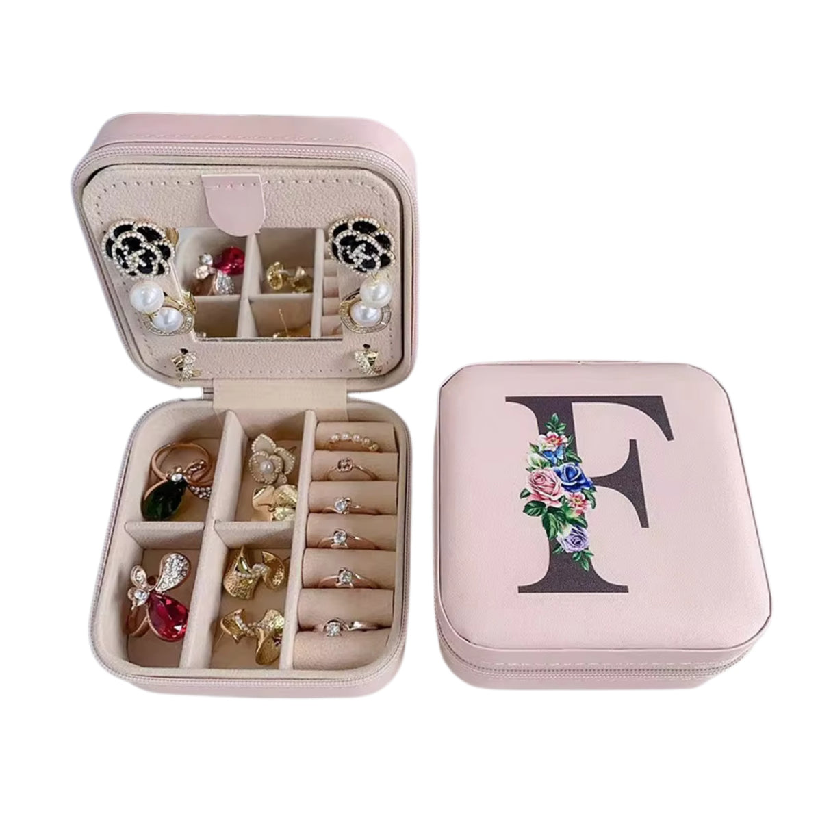 Krystina's Collection Pink Travel Jewellery Box with Floral Initial - Various Letters