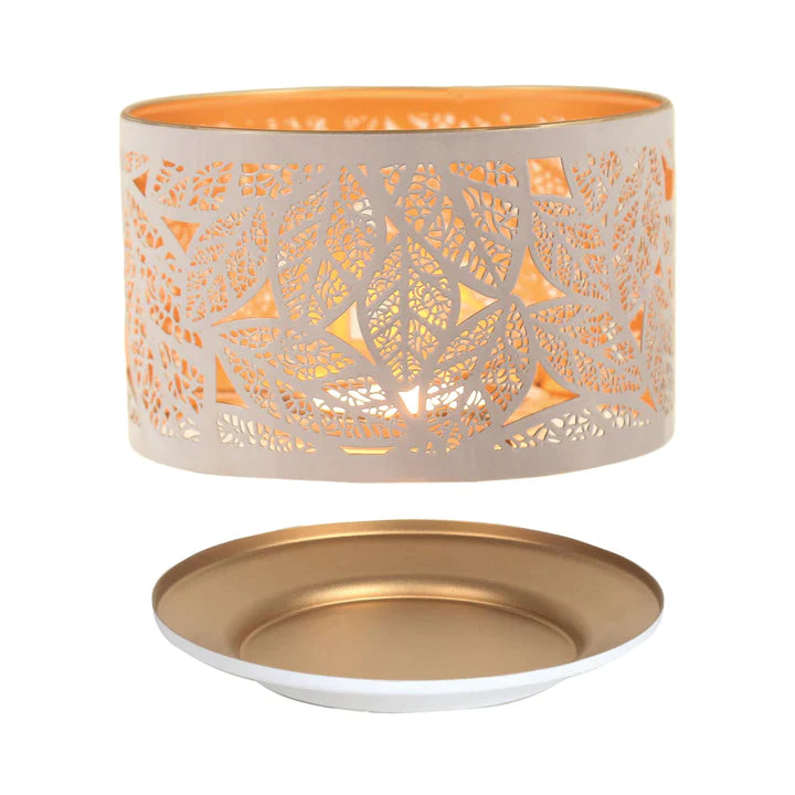White & gold leaves silhouette design candle lamp shade & plate set