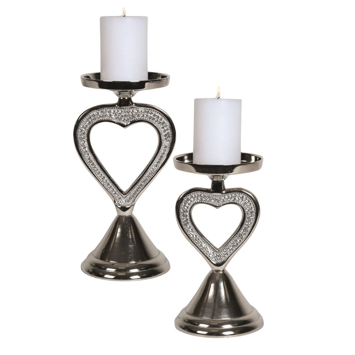 Silver Pillar Candle Holder with Jewelled Heart Detail - Various Sizes