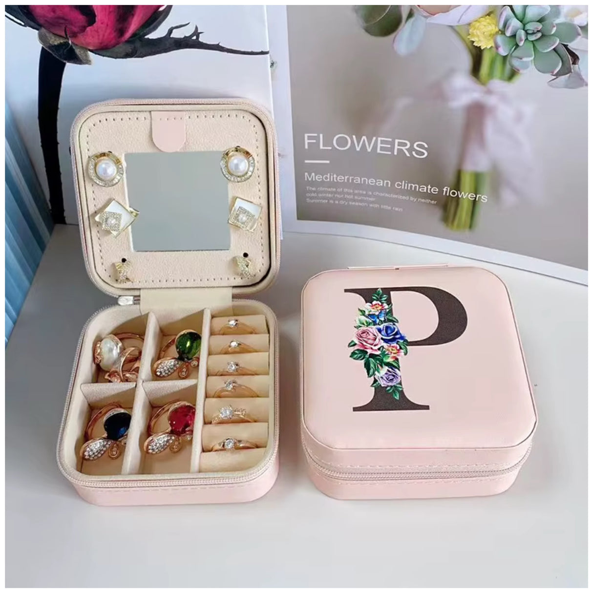 Krystina's Collection Pink Travel Jewellery Box with Floral Initial - Various Letters