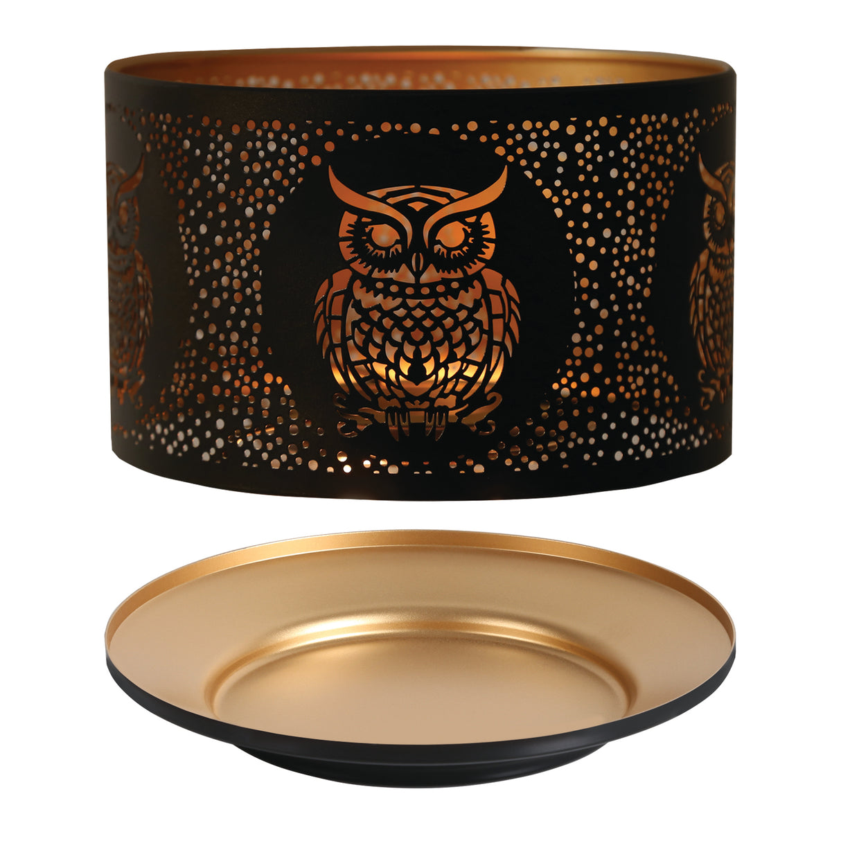 Aroma Jar Candle Metal Silhouette Shade & Tray Set - Black & Gold Owl