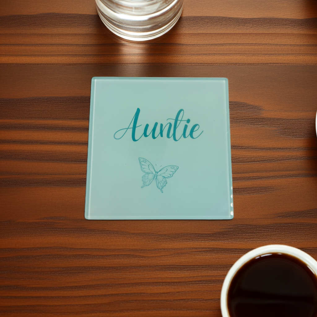 Woodside Home Living - Auntie Butterfly Square Glass Coaster