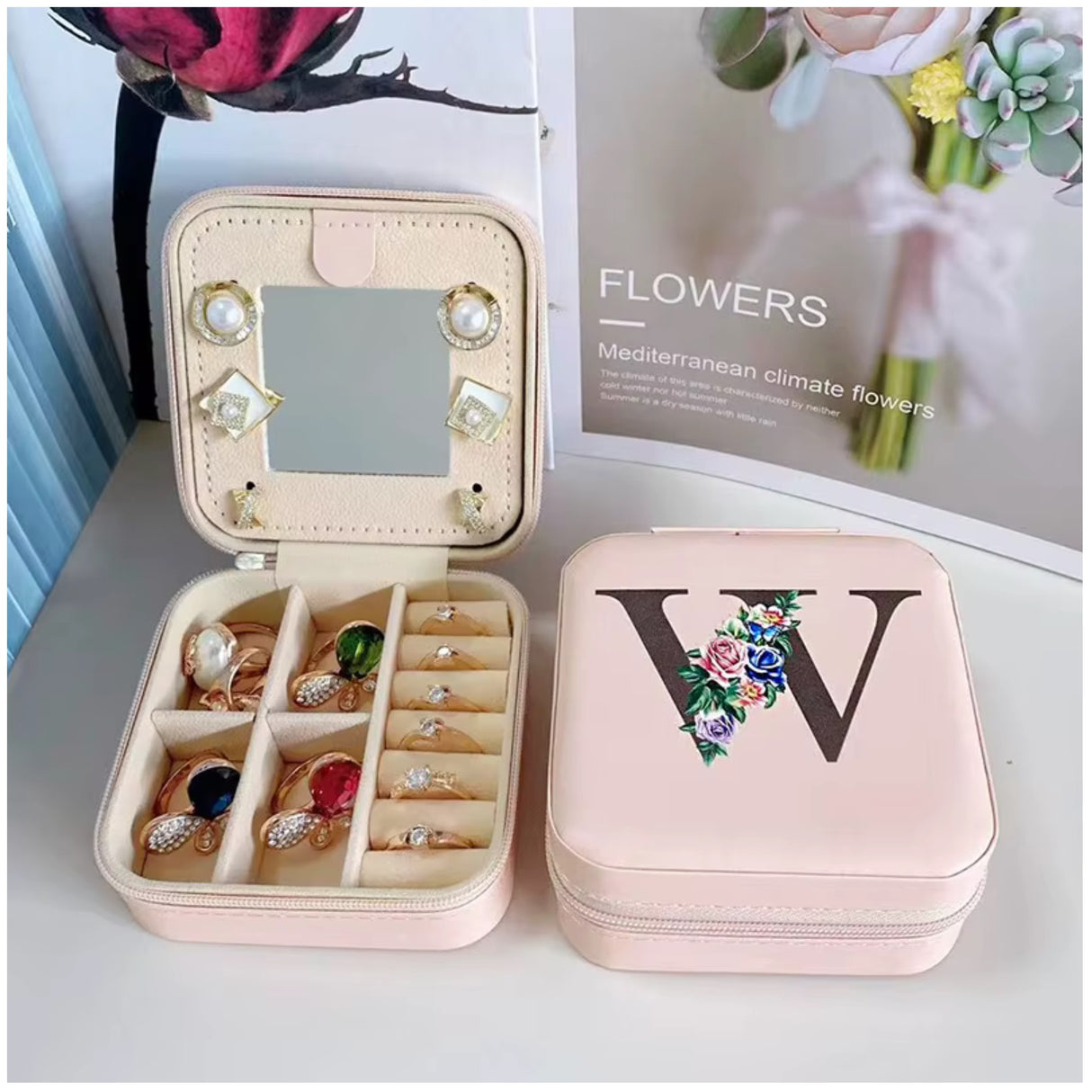 Krystina's Collection Pink Travel Jewellery Box with Floral Initial - Various Letters