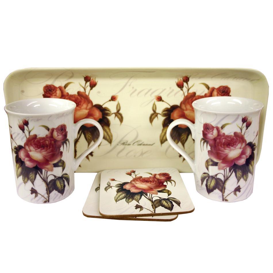 Peony floral design on 2 mugs 2 coasters and a tray