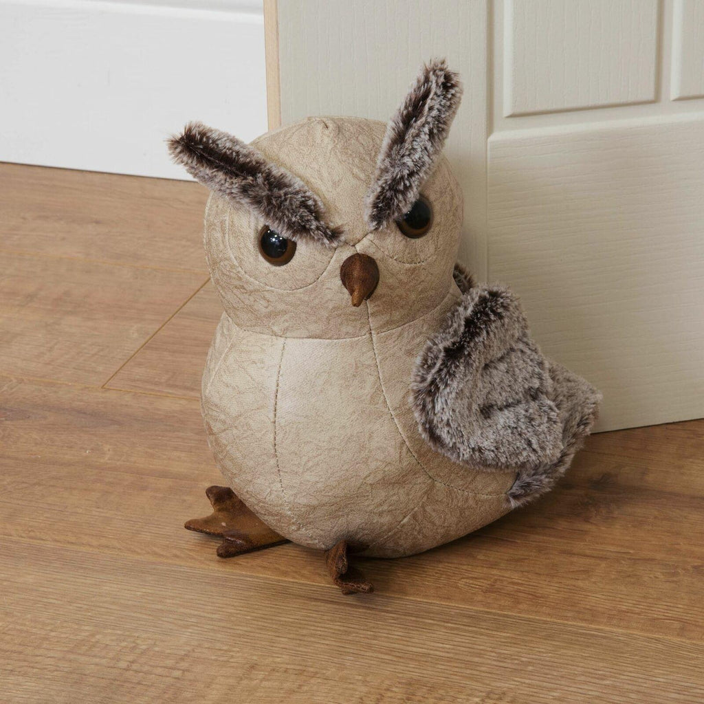 owl doorstop in beige leatherette with faux fur wings and eyebrows