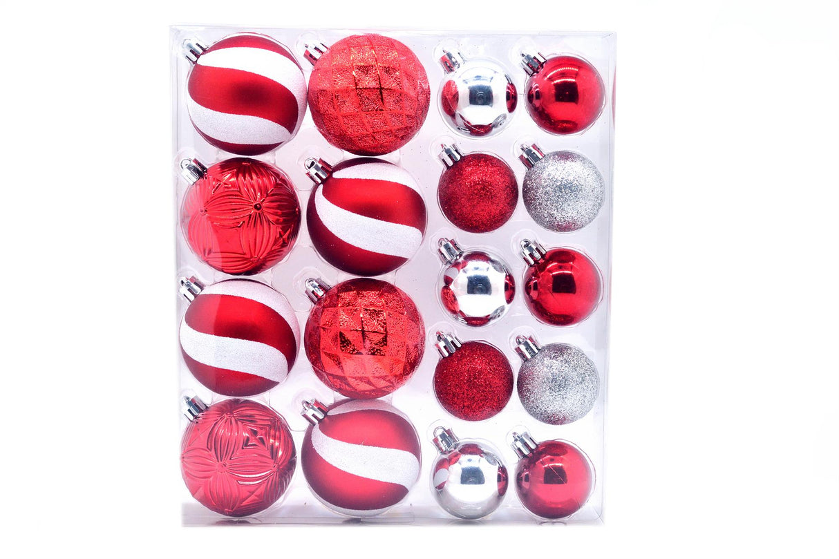Christmas Tree Baubles - Red White & Silver Pack of 18 Assorted Sizes