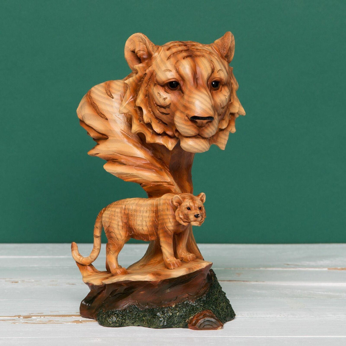 Lion Head and smaller cub duo naturecraft wood effect figurine