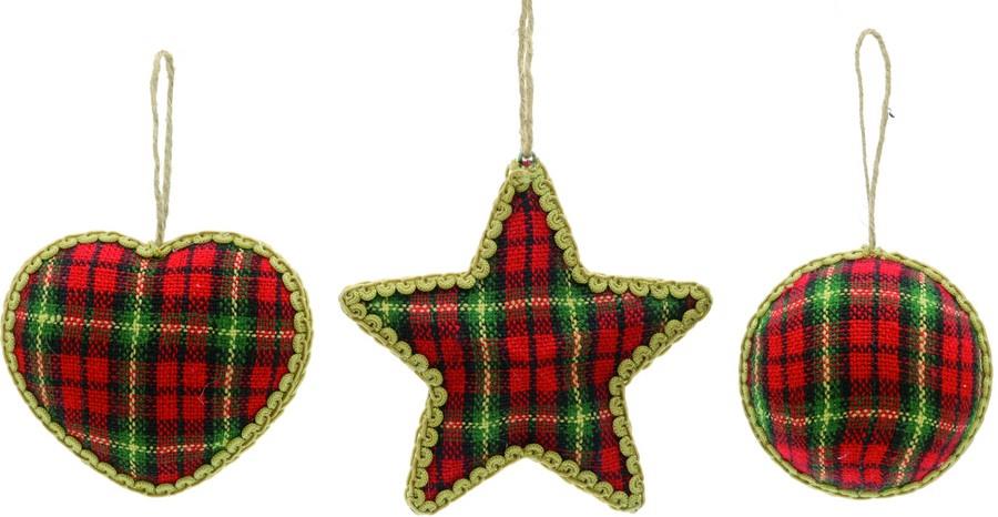 Tartan Fabric hanging ornaments 3 different shapes heart star and circle