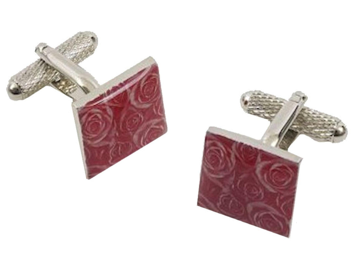 Square shaped cufflinks with pink rose patterned design