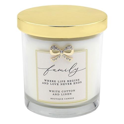 Family Candle Where life begins and love never ends white cotton and linen fragrance