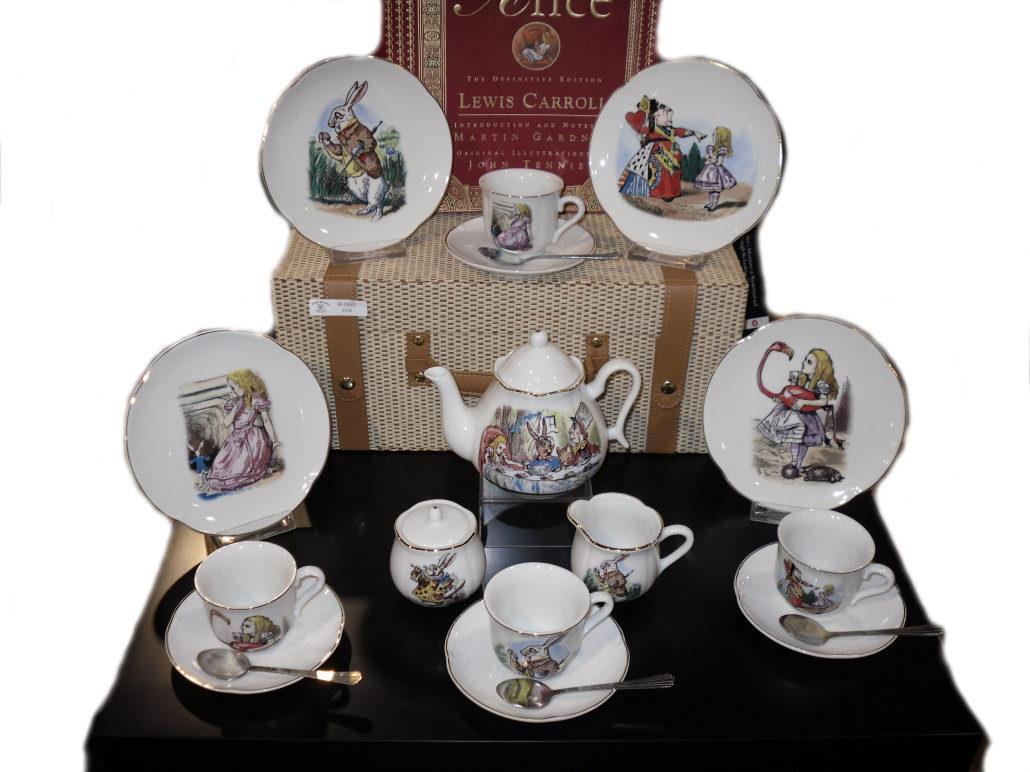 Reutter Porcelain Alice in Wonderland Tea Set in Picnic Hamper