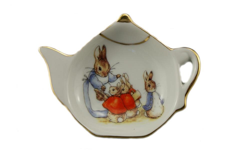 Porcelain Teabag Tidy in shape of teapot with original Beatrix Potter scene