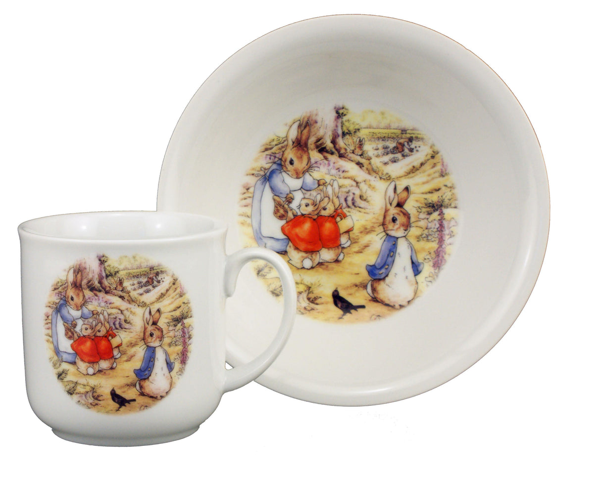 Porcelain Beatrix potter plate and mug set with mrs rabbit and bunnies illustrations