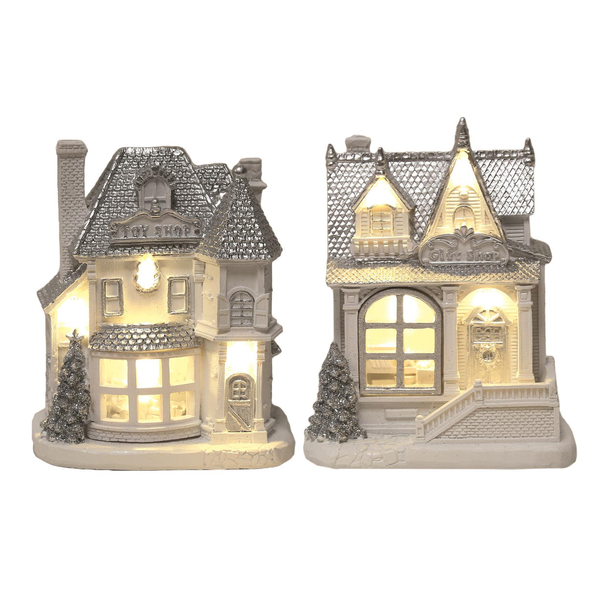 LED light up white & silver village shops christmas decorations set