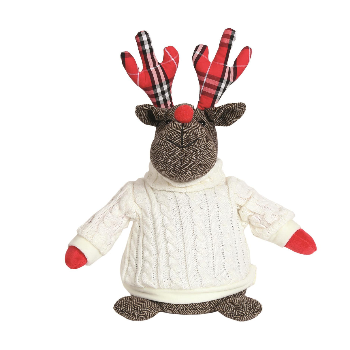 Herringbone fabric reindeer with tartan ears and wearing a cable knit sweater