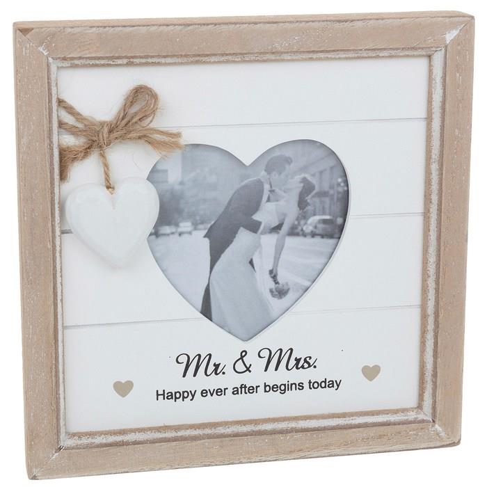 Mrs & Mrs Shabby Chic washed wood photo frame with heart apperture with the phrase Mr & Mrs Happy ever after begins today