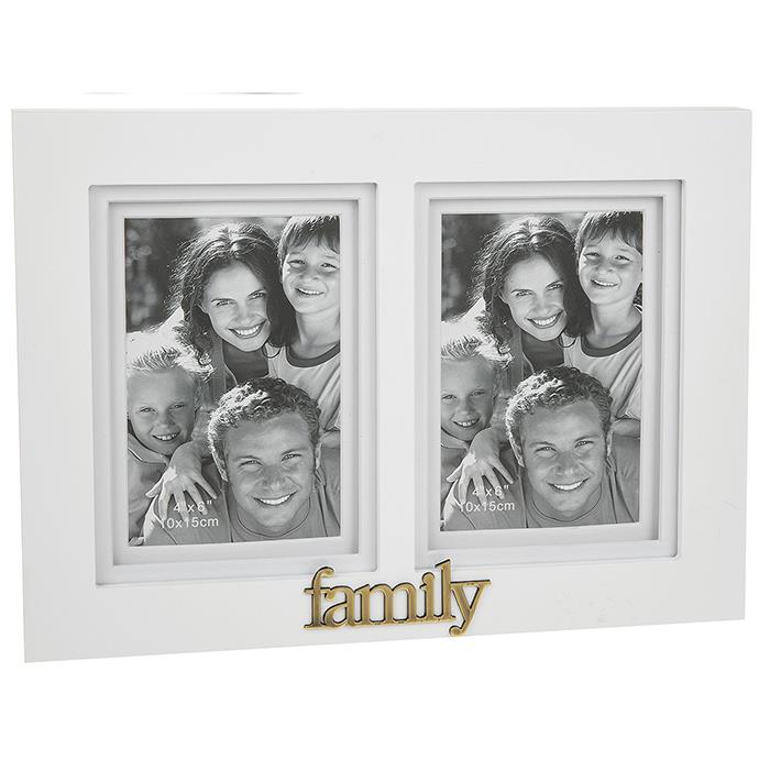 Family double photo frame with metal Family badge at bottom freestanding