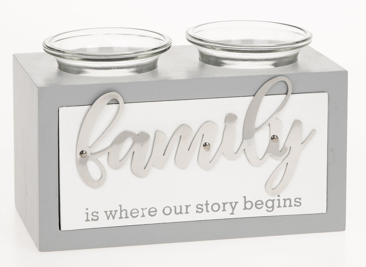 Family is where our story begins block double candle holder