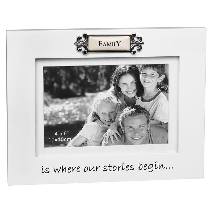 White Photo Frame Family with verse is where our stories begin holds a 6x4" landscape photograph
