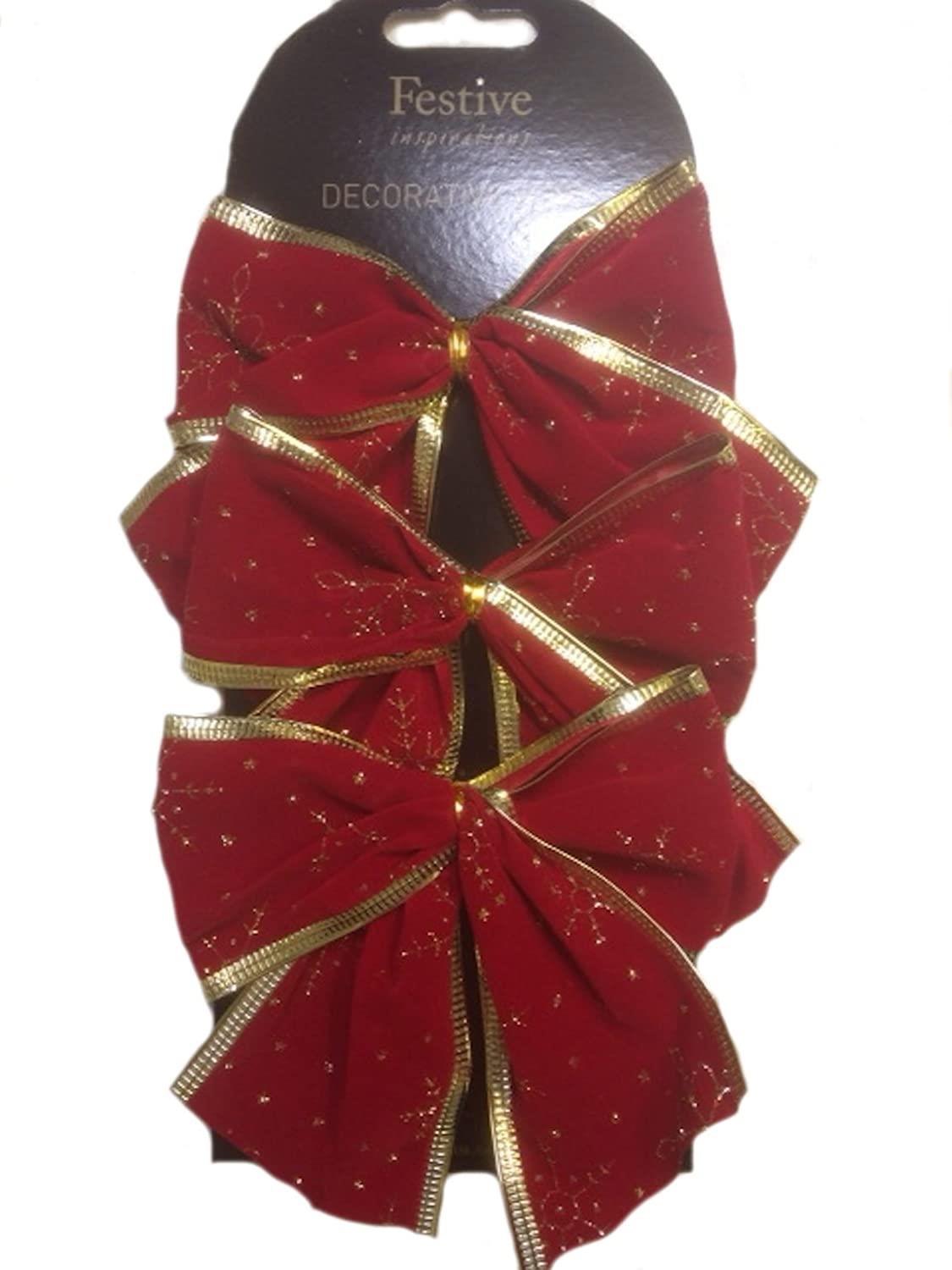 Decorative Red Bows with Gold Glitter Stars Set of 6