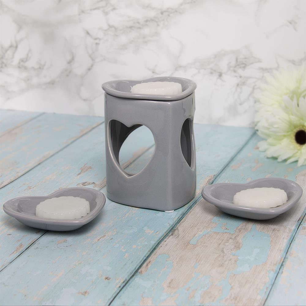 Desire Heart Wax Melt/Oil Burner & Dishes Set - Grey