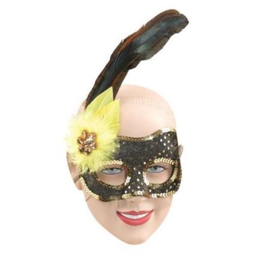 Sequin Side Feather Eye Mask (Gold & Black)