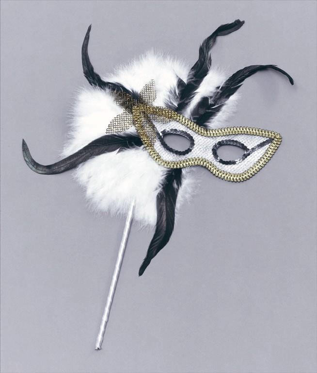 Feather Eye Mask On Stick (Black & White)