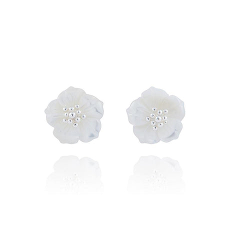 Equilibrium Silver Plated Earrings - Floral Accents Natural Mother of Pearl Stud