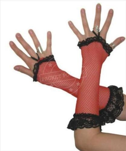 Fingerless Fishnet Gloves With Lace Trim (Red)