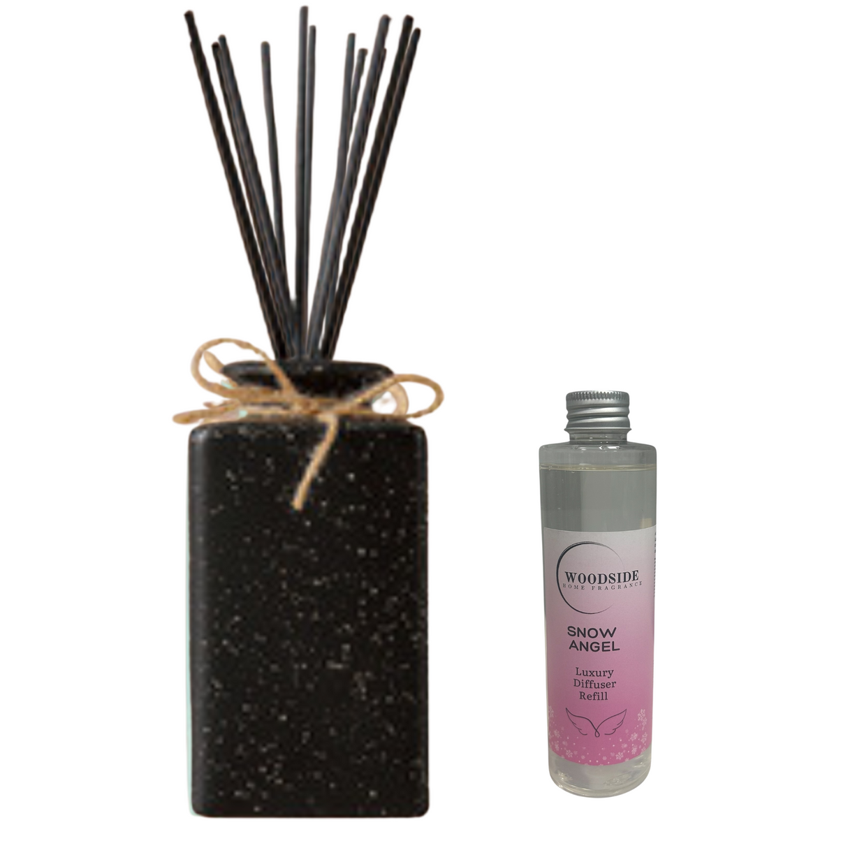 Woodside Pastel Black Ceramic Reed Diffuser Vase with Woodside Luxury Refill snow angel