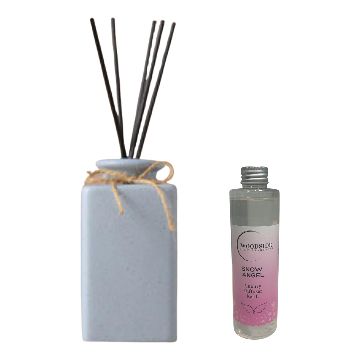 Woodside Pastel Blue Ceramic Reed Diffuser Vase with Woodside Luxury Refill snow angel