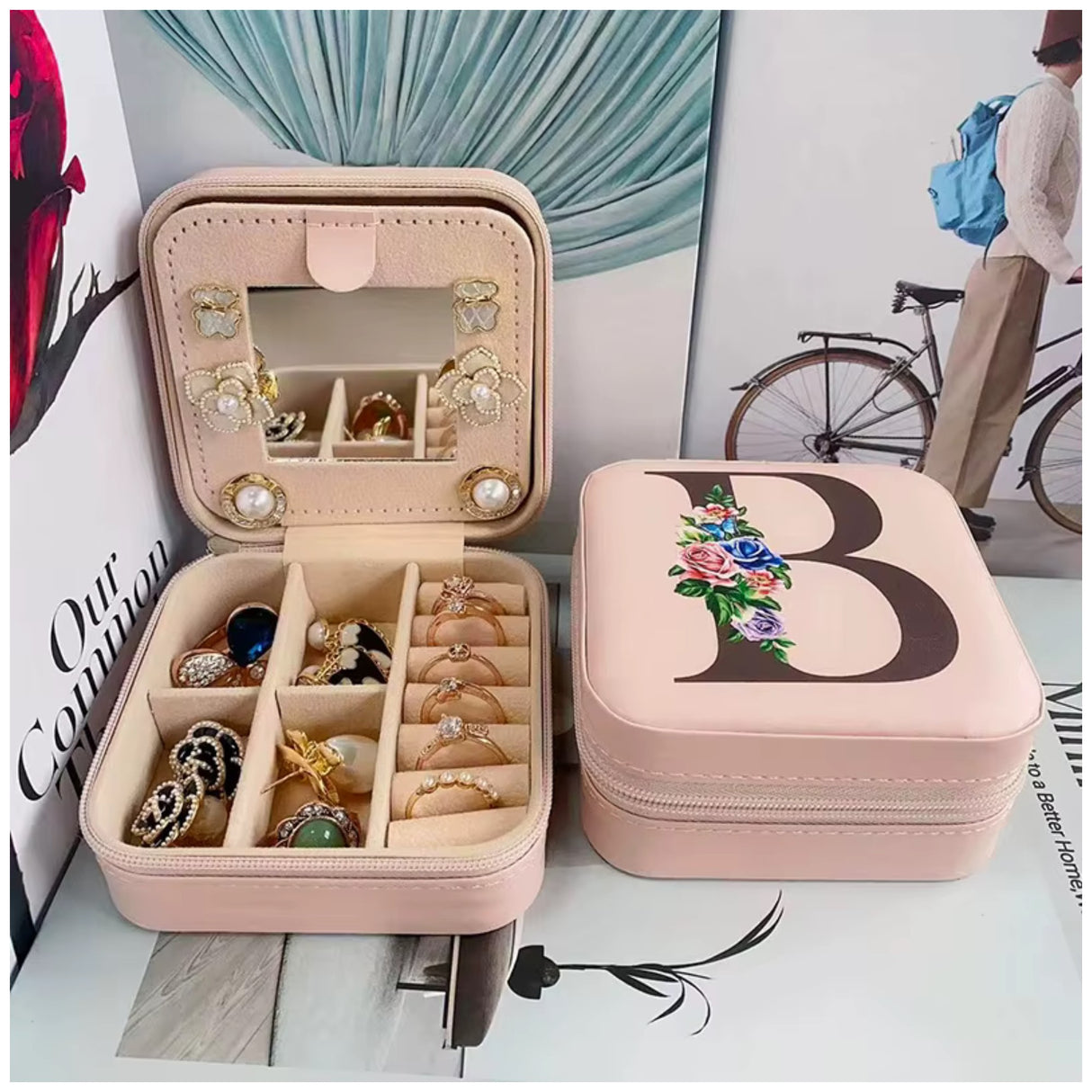Krystina's Collection Pink Travel Jewellery Box with Floral Initial - Various Letters