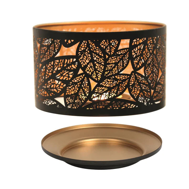 Black & Gold leave silhouette candle lamp & plate set