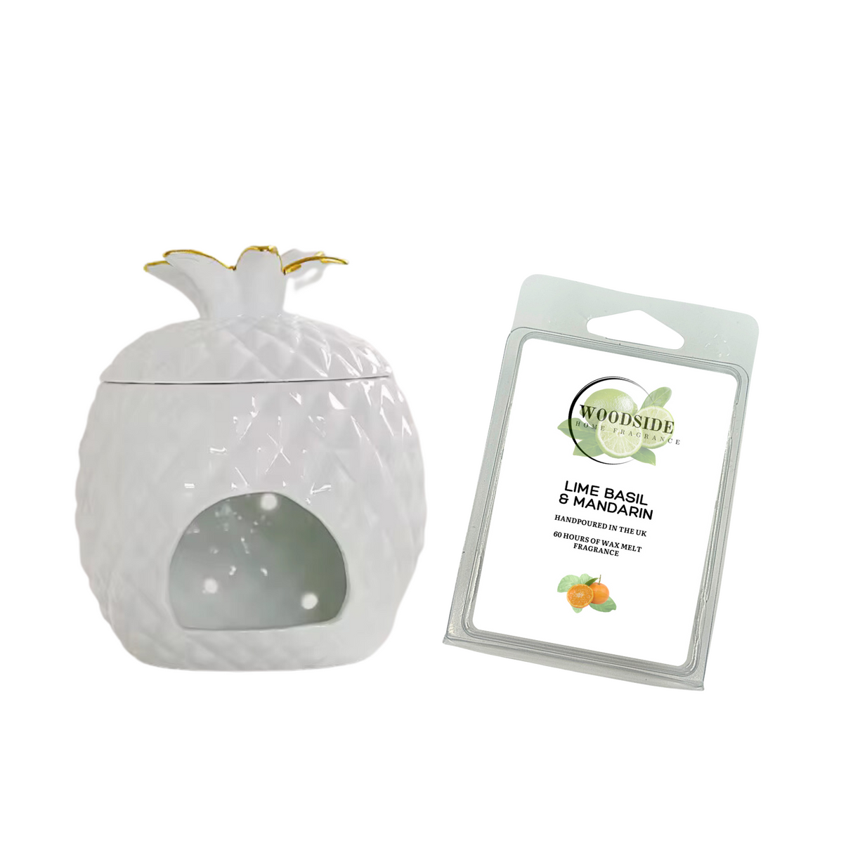 Woodside Home Living Pineapple Design Tealight Burner With Free Wax Melt, lime basil and mandarin