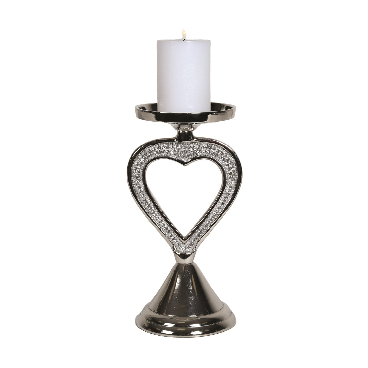 Silver Pillar Candle Holder with Jewelled Heart Detail - Various Sizes