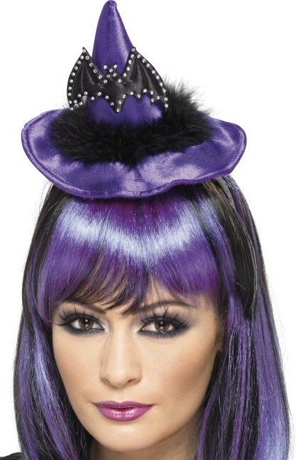 Witch Hat On Headband With Bat Decoration (Purple)