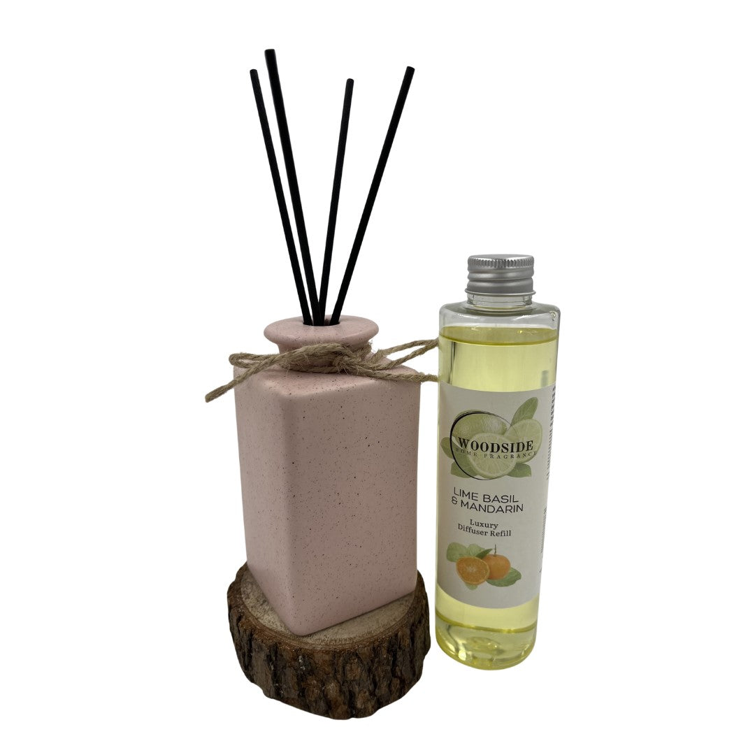 Woodside Pink Pastel Ceramic Reed Diffuser Vase with Woodside Luxury Refill lime basil and mandarin