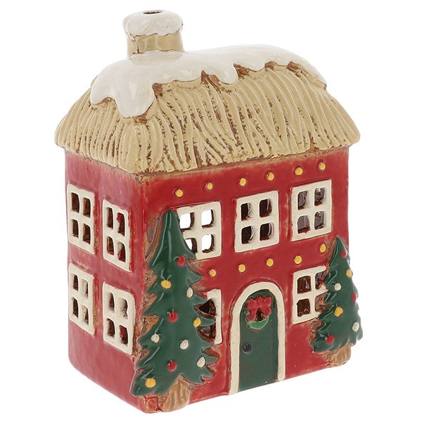 Village Pottery - Thatched Roof - Create Your Own Christmas Village. Red & Green Festive Tea Light Holder