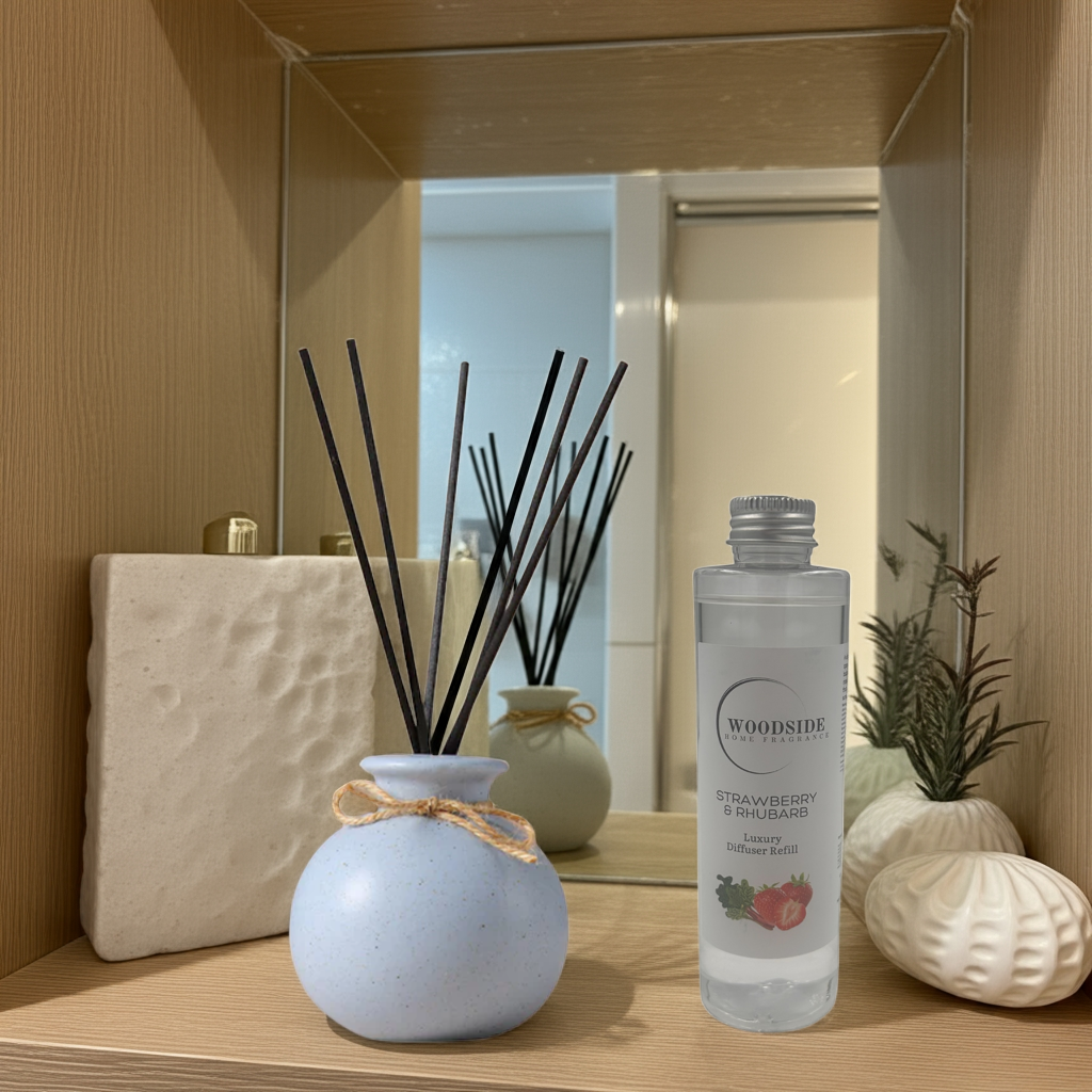 Woodside Round Blue Pastel Ceramic Reed Diffuser Vase with Woodside Luxury Refill