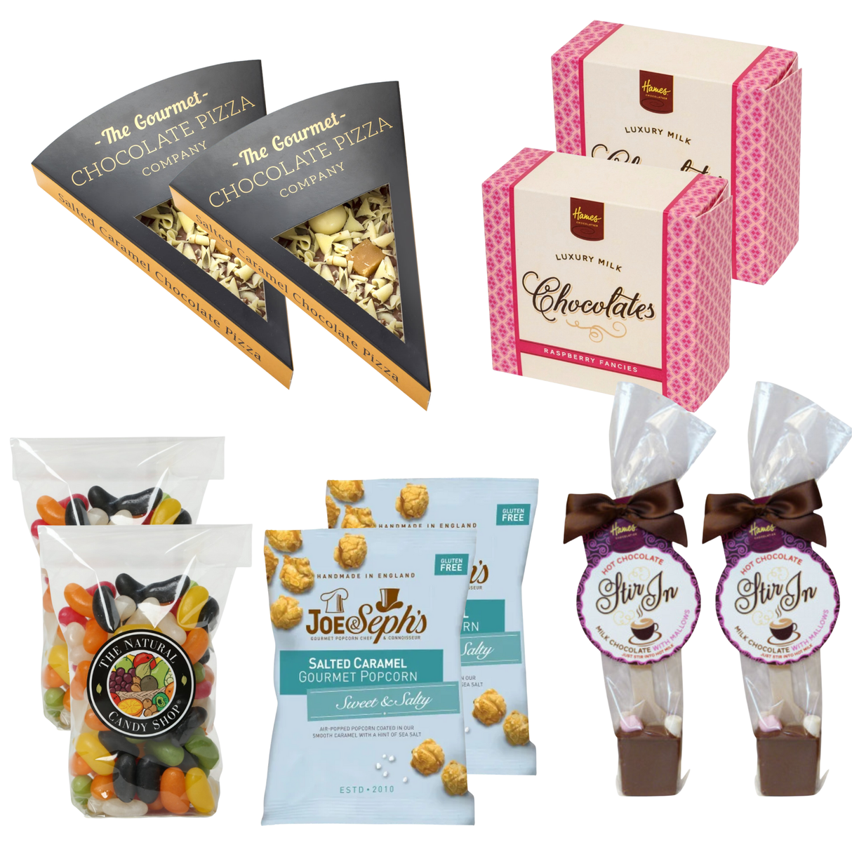 Sweet & salty movie night treat box with popcorn, chocolate, jelly beans, and mini marshmallow hot chocolate stirrers – perfect for sharing or gifting.