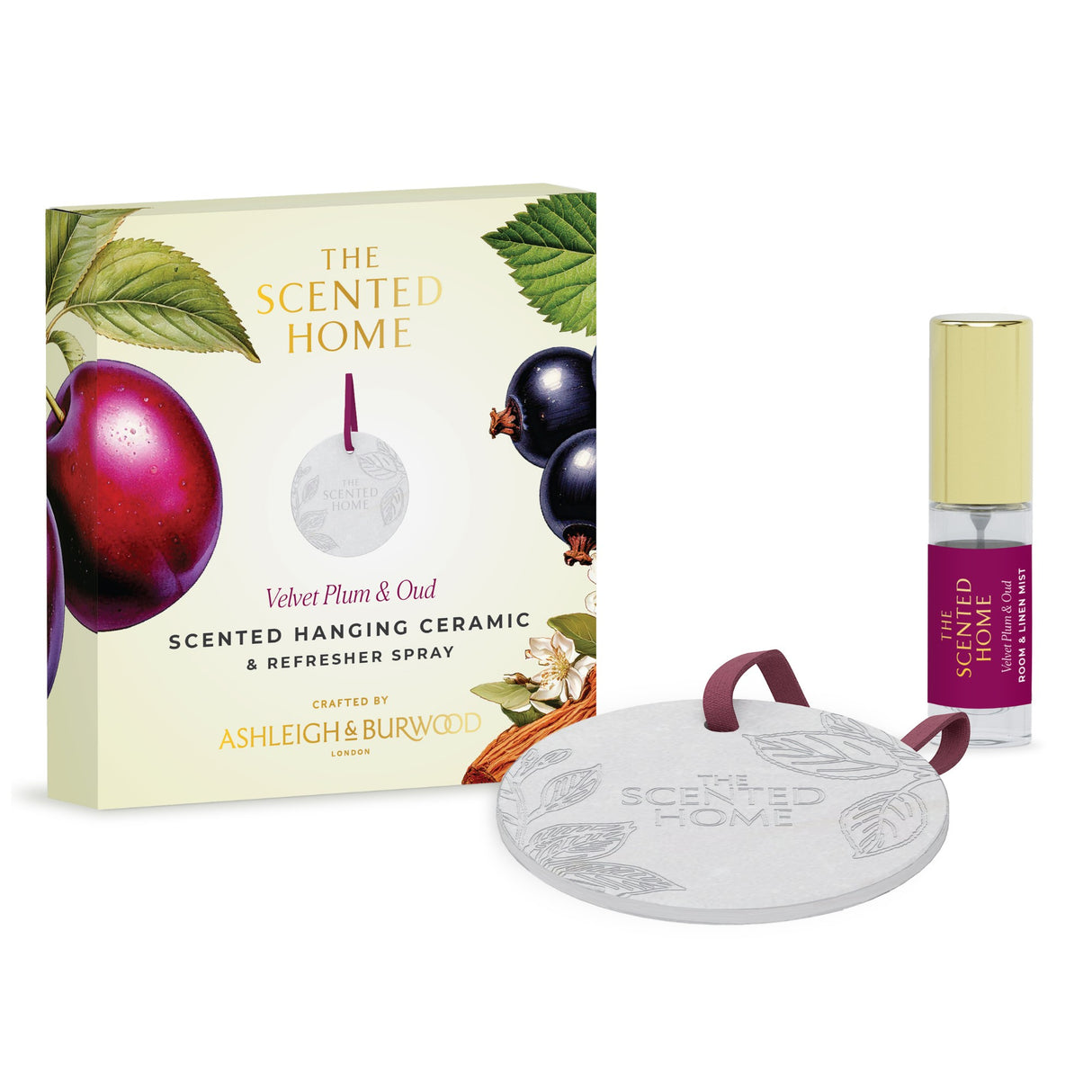 Ashleigh & Burwood New Scented Home Hanging Ceramic & Refresher Spray - Velvet Plum & Oud