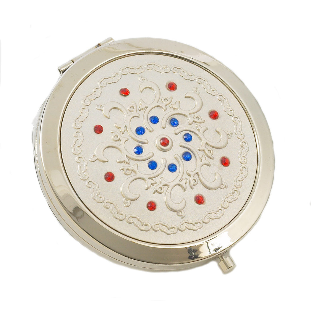 Compact Mirror - Swirls with Red & Blue Crystals Pattern