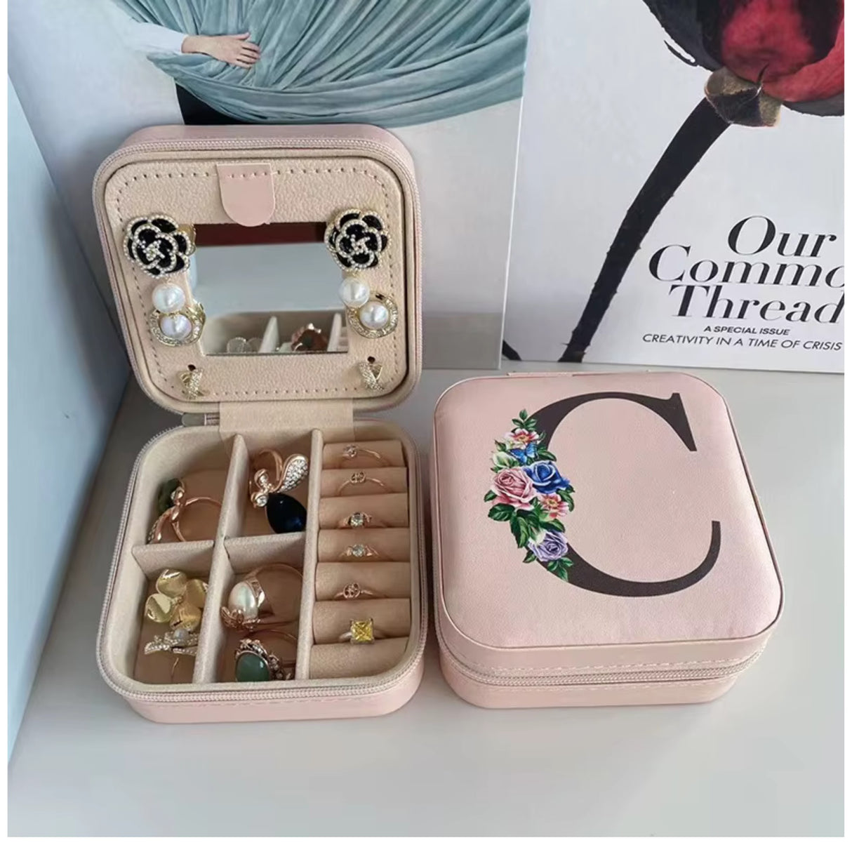 Krystina's Collection Pink Travel Jewellery Box with Floral Initial - Various Letters
