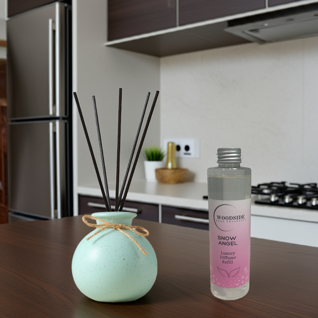 Woodside Round Green Pastel Ceramic Reed Diffuser Vase with Woodside Luxury Refill