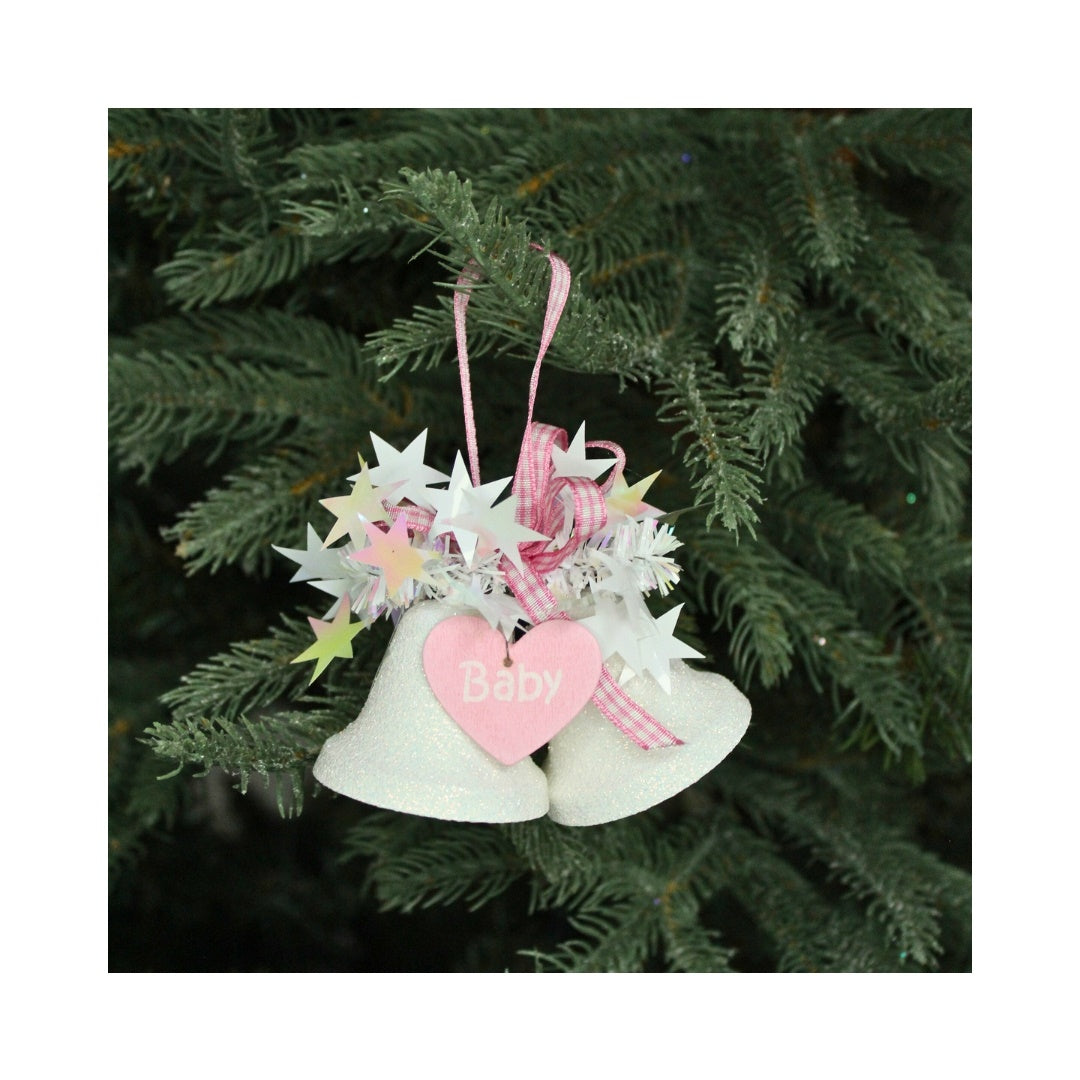 Weiste Christmas Tree Decoration - Mini Bells with Hanging Heart Baby Pink
