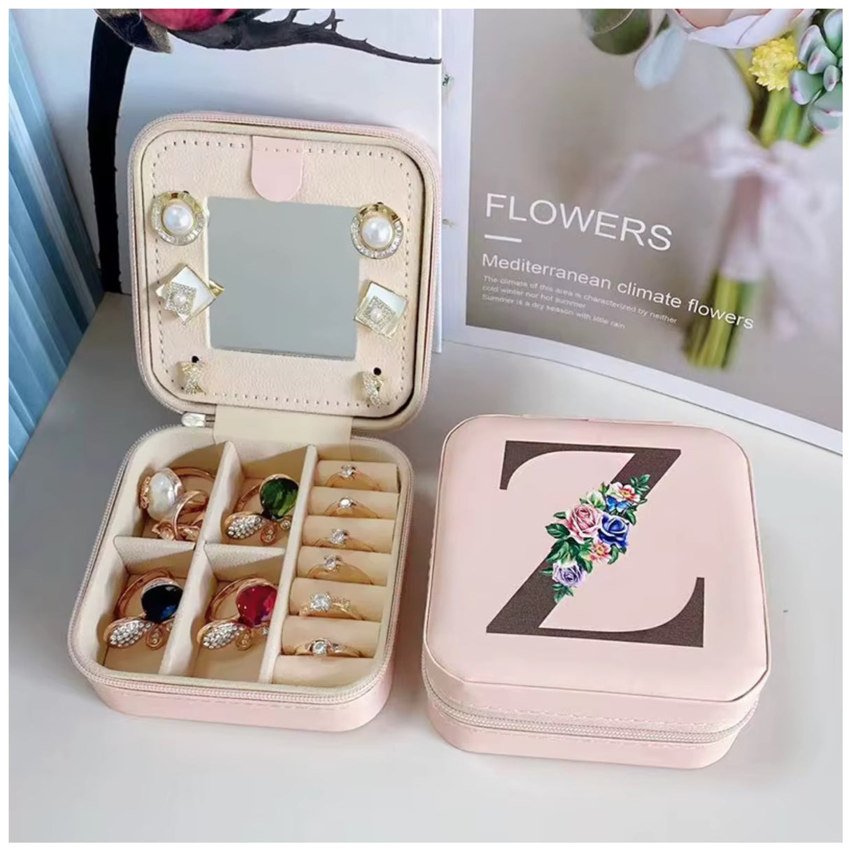 Krystina's Collection Pink Travel Jewellery Box with Floral Initial - Various Letters